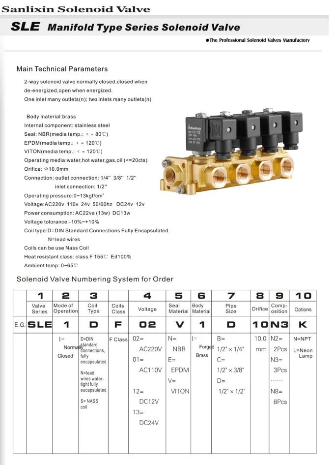 Manifold Type Series 2/2-Way Direct Acting Water Air Brass Solenoid Valve (SLE)